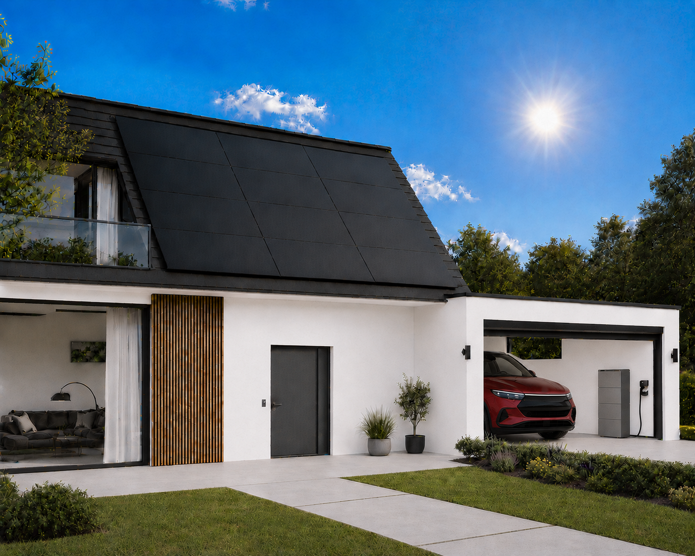 Modernes SUNTEC Zuhause mit Photovoltaikanlage, rotem Elektro-SUV und EcoFlow OCEAN 2 Speicher in der Garage