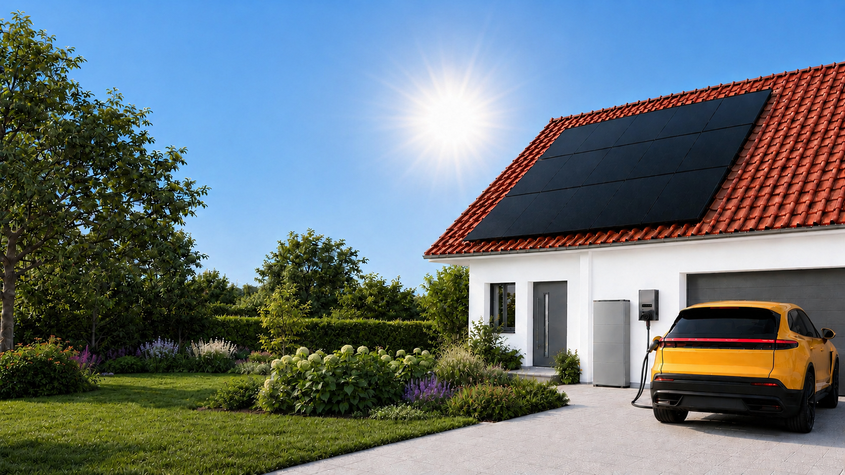 Modernes Haus mit 15 Solarmodulen, großem Grundstück, EcoFlow Speicher, Wallbox und gelbem Elektrofahrzeug