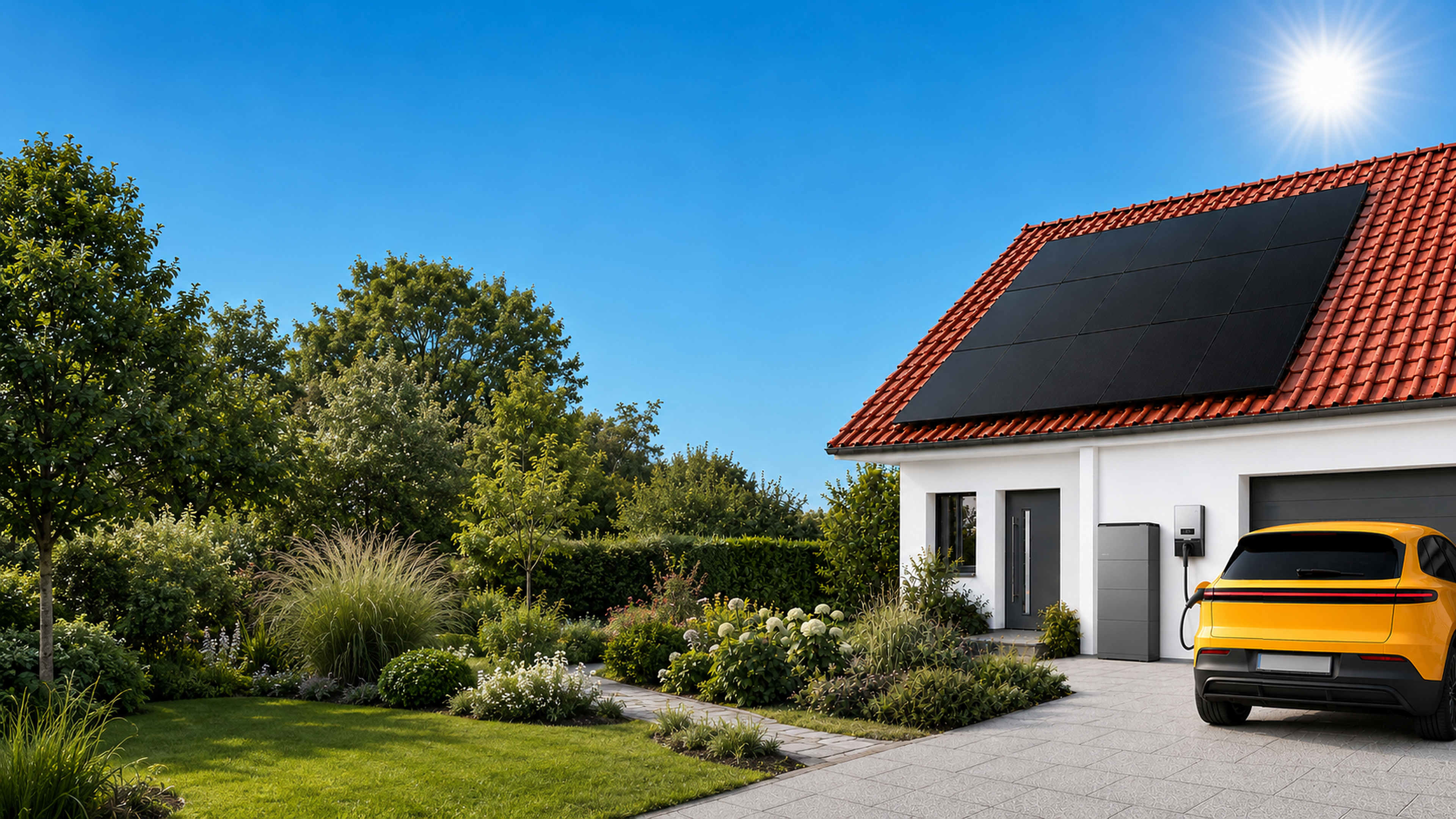 Modernes SUNTEC Zuhause mit Photovoltaikanlage, natürlichem Garten, gelbem Elektrofahrzeug, EcoFlow OCEAN 2 Speicher und Wallbox